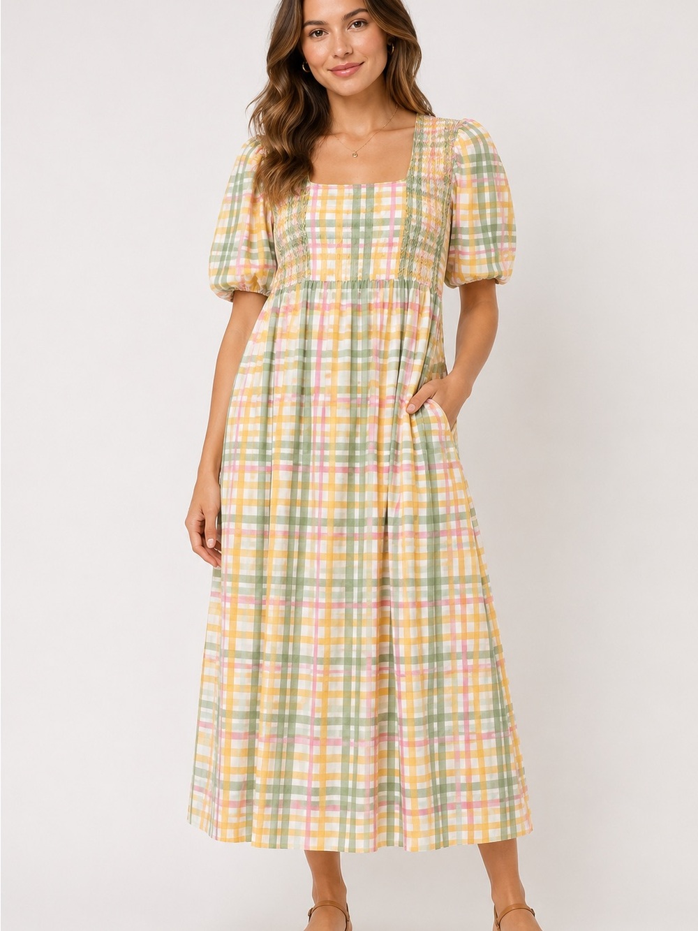 NWT Dondolo $240 Smocked Square Neck Midi Dress in Pastel Plaid